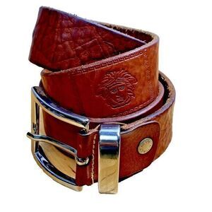 Claudia L. Caramel Brown Leather Belt 36.25" Silver Buckle Made Italy Embossed